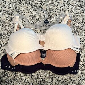NWOT Nautica 3pk Bras. Cream, Tan and Navy colored underwire bras. 34B